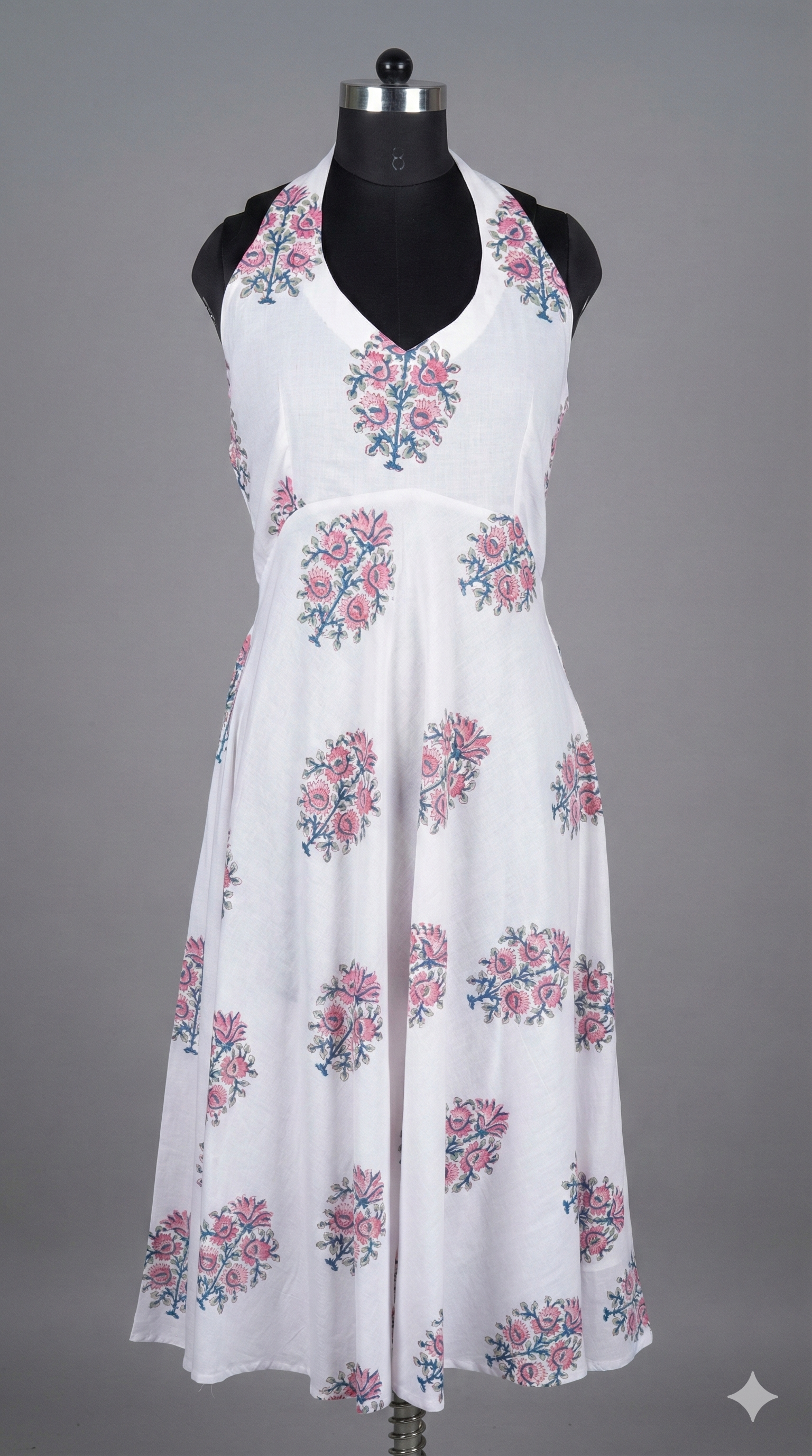 Women's Halter neck Malmal hand block printed Dress