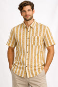 Mens Half sleeve Shirt Yellow and White Striped