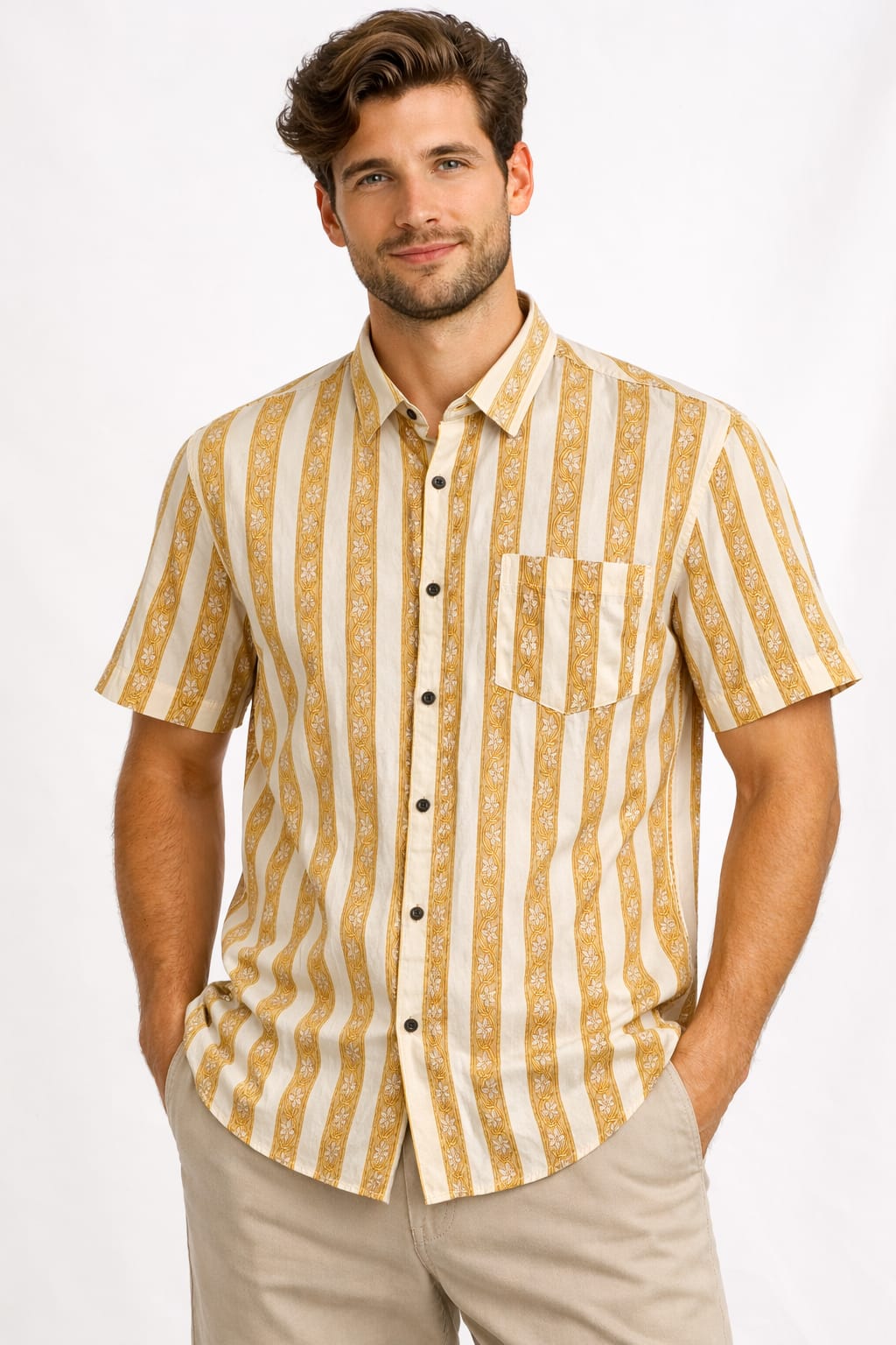 Mens Half sleeve Shirt Yellow and White Striped