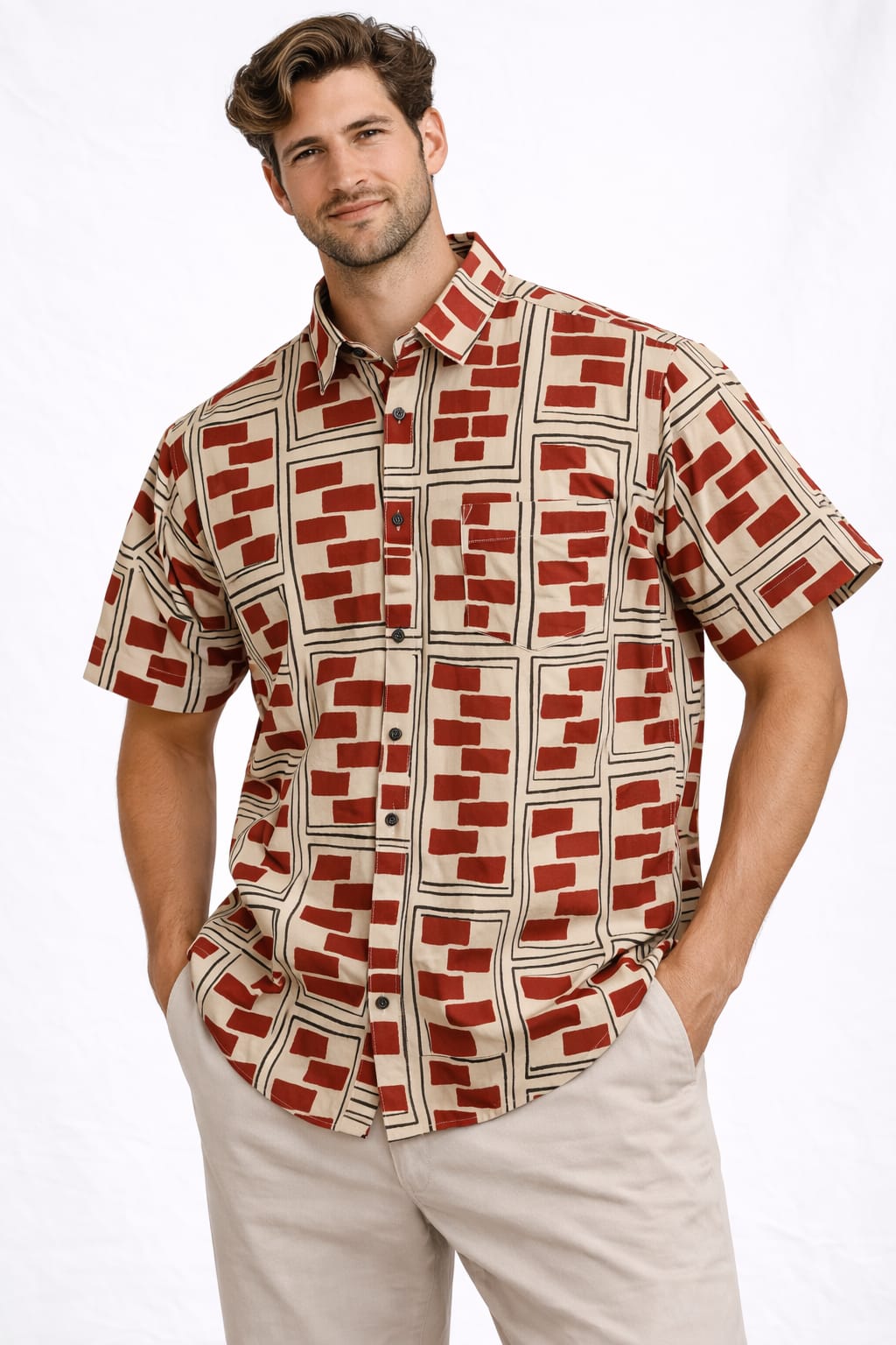 Mens Half sleeve Shirt Cream blockprint