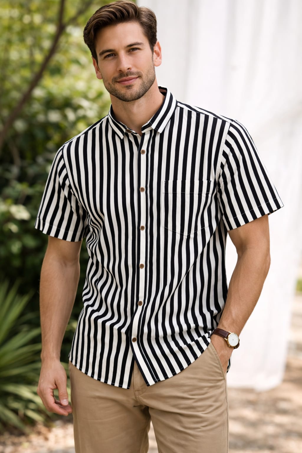 Mens Half sleeve Shirt Black and White Striped