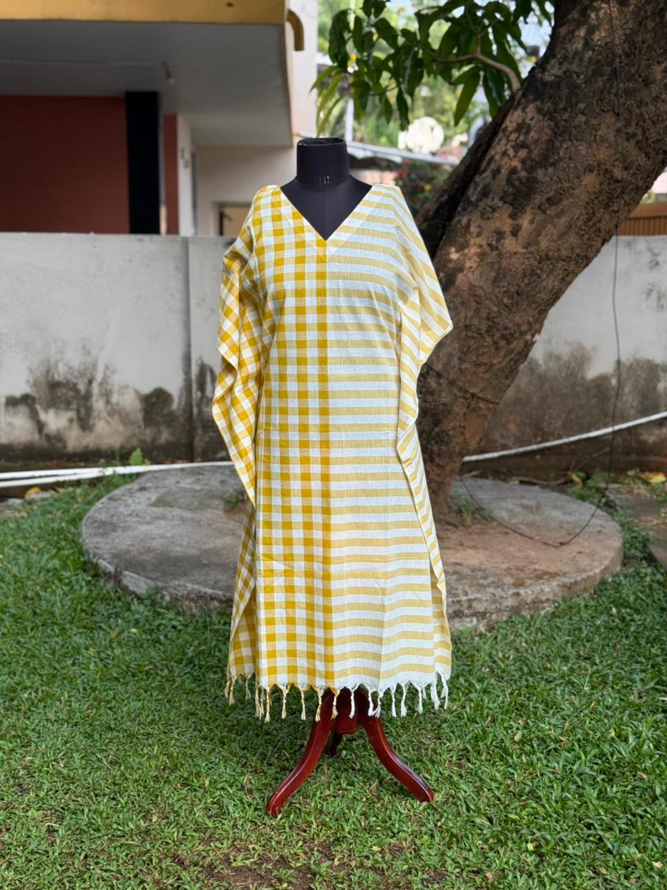 Womens Kaftans Jamdani Cotton Checkered - Yellow