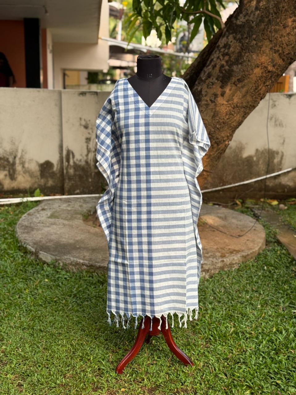 Womens Kaftans Jamdani Cotton Checkered - Dark Blue