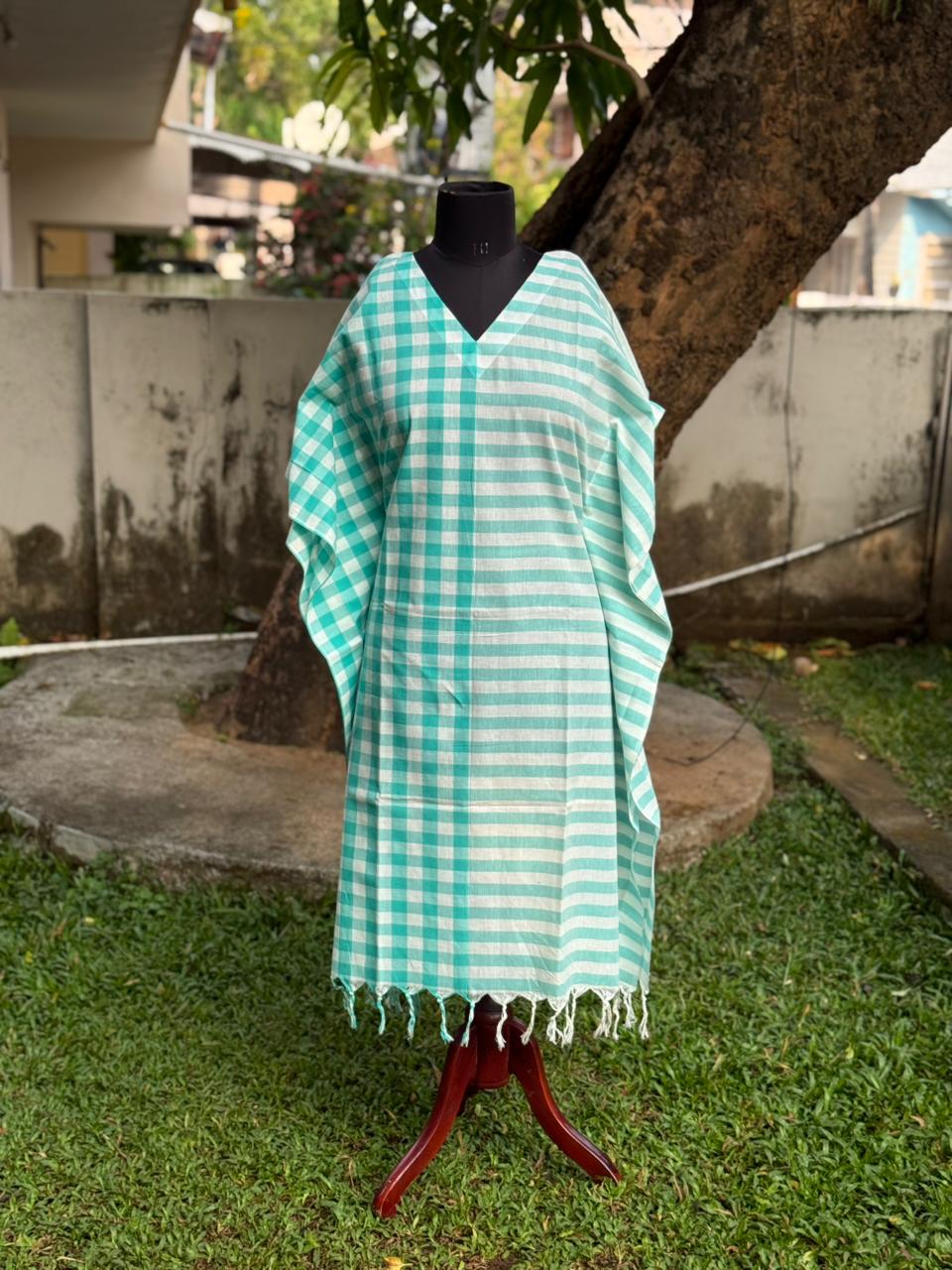 Womens Kaftans Jamdani Cotton Checkered - Teal