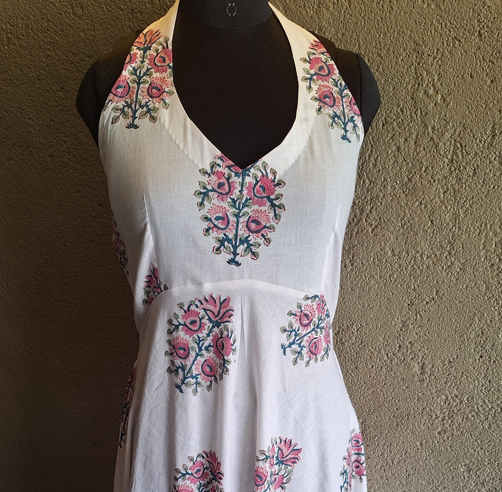 Women's Halter neck Malmal hand block printed Dress