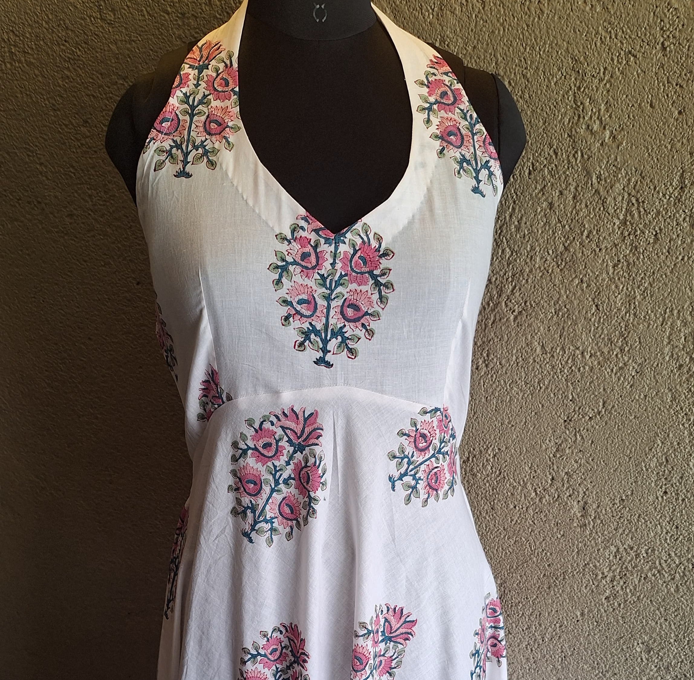 Women's Halter neck Malmal hand block printed Dress